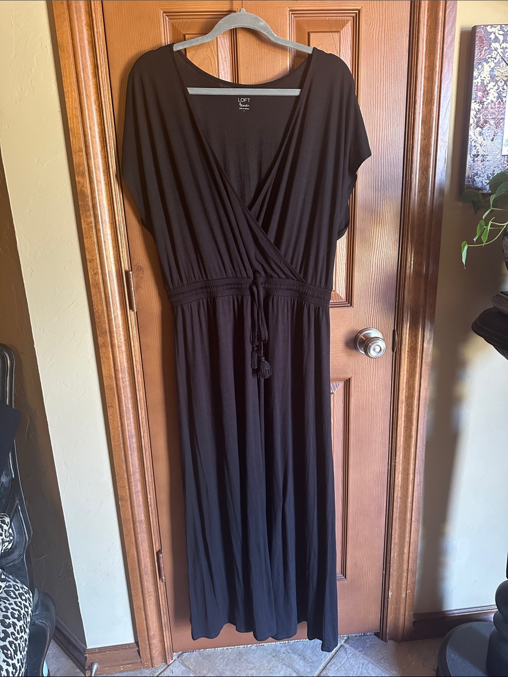 LOFT Black Faux Wrap-Front Maxi Dress Cover Up with Tie Waist, size Large